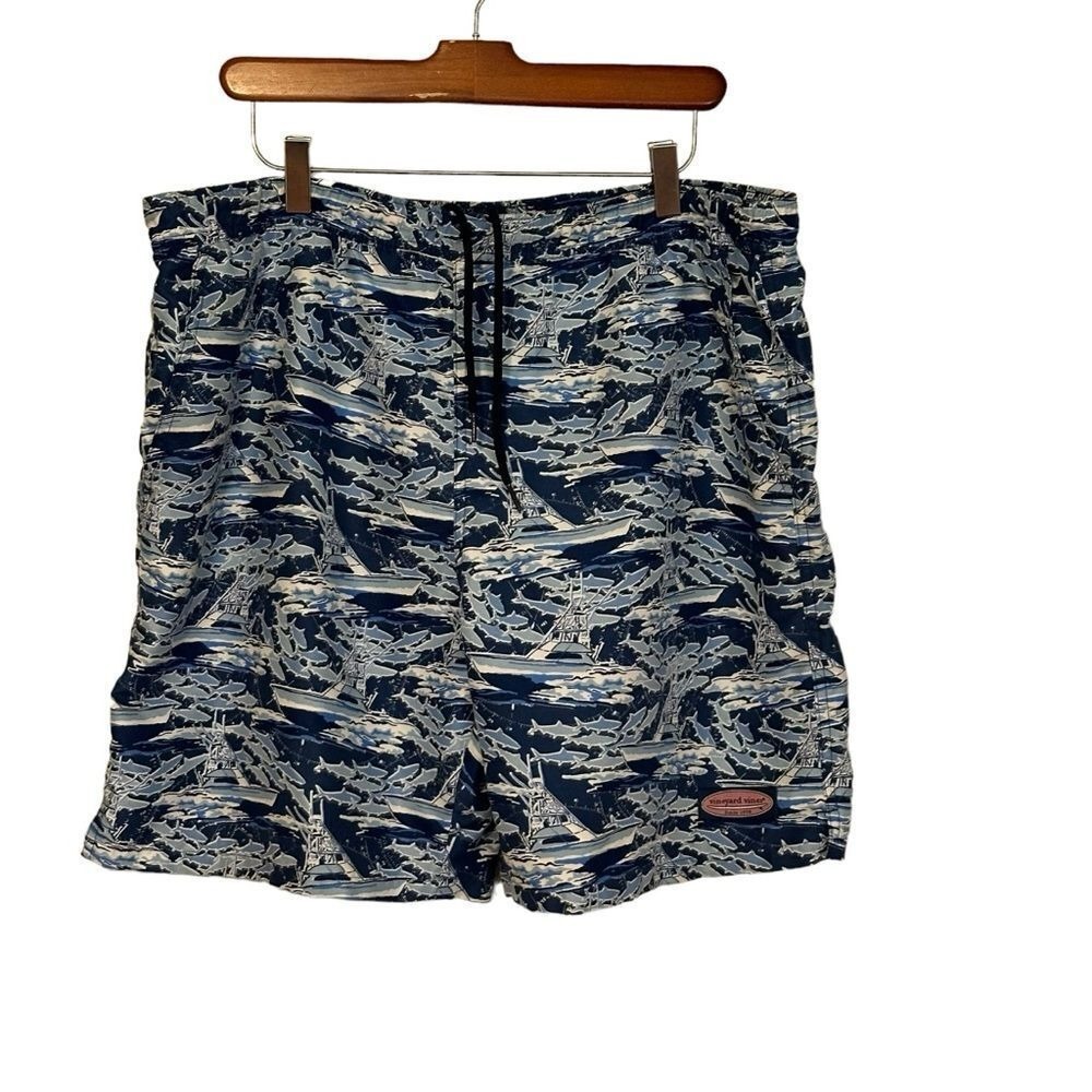 Vineyard Vines Swim Trunks M Blue Shark Boat Print Chappy Shorts Fishing Beach - Picture 4 of 11